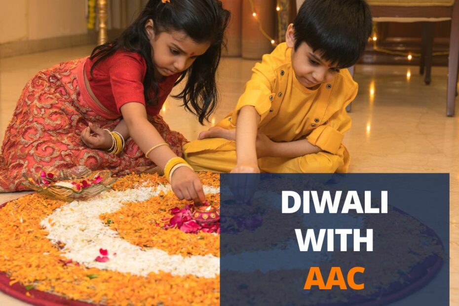 children making diwali rangoli - diwali with aac